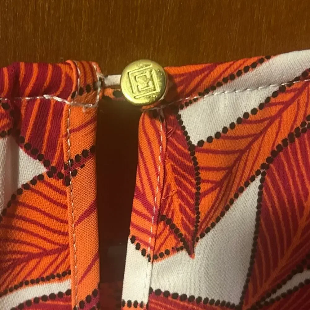 Liz Claiborne Women's Medium White Orange Leaf Print Blouse Tie Waist Belt - Picture 4 of 4